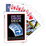 A deck of Bicycle Playing Cards made into a One Way Forcing Deck by Red Dragon Magic. Behind are 6 playing cards which are all Queen of Hearts.