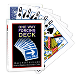 A deck of Bicycle Playing Cards made into a One Way Forcing Deck by Red Dragon Magic. Behind are 6 playing cards which are all Queen of Spades.