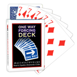 A deck of Bicycle Playing Cards made into a One Way Forcing Deck by Red Dragon Magic. Behind are 6 playing cards which are all Seven of Diamonds.