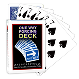 A deck of Bicycle Playing Cards made into a One Way Forcing Deck by Red Dragon Magic. Behind are 6 playing cards which are all Seven of Spades.