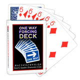 A deck of Bicycle Playing Cards made into a One Way Forcing Deck by Red Dragon Magic. Behind are 6 playing cards which are all Six of Diamonds.