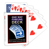A deck of Bicycle Playing Cards made into a One Way Forcing Deck by Red Dragon Magic. Behind are 6 playing cards which are all Six of Hearts.