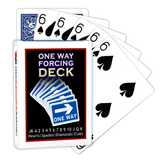 A deck of Bicycle Playing Cards made into a One Way Forcing Deck by Red Dragon Magic. Behind are 6 playing cards which are all Six of Spades.