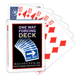 A deck of Bicycle Playing Cards made into a One Way Forcing Deck by Red Dragon Magic. Behind are 6 playing cards which are all Ten of Diamonds.