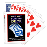 A deck of Bicycle Playing Cards made into a One Way Forcing Deck by Red Dragon Magic. Behind are 6 playing cards which are all Ten of Hearts.