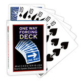 A deck of Bicycle Playing Cards made into a One Way Forcing Deck by Red Dragon Magic. Behind are 6 playing cards which are all Ten of Spades.
