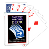 A deck of Bicycle Playing Cards made into a One Way Forcing Deck by Red Dragon Magic. Behind are 6 playing cards which are all Three of Diamonds.