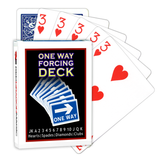 A deck of Bicycle Playing Cards made into a One Way Forcing Deck by Red Dragon Magic. Behind are 6 playing cards which are all Three of Hearts.