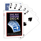 A deck of Bicycle Playing Cards made into a One Way Forcing Deck by Red Dragon Magic. Behind are 6 playing cards which are all Three of Spades.