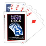 A deck of Bicycle Playing Cards made into a One Way Forcing Deck by Red Dragon Magic. Behind are 6 playing cards which are all Two of Diamonds.