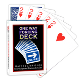 A deck of Bicycle Playing Cards made into a One Way Forcing Deck by Red Dragon Magic. Behind are 6 playing cards which are all Two of Hearts.