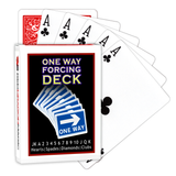 A deck of Bicycle Playing Cards made into a One Way Forcing Deck by Red Dragon Magic. Behind are 6 playing cards which are all Ace of Clubs