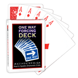 A deck of Bicycle Playing Cards made into a One Way Forcing Deck by Red Dragon Magic. Behind are 6 playing cards which are all Ace of Diamonds.