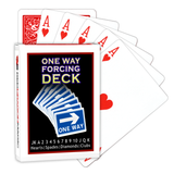 A deck of Bicycle Playing Cards made into a One Way Forcing Deck by Red Dragon Magic. Behind are 6 playing cards which are all Ace of Hearts.