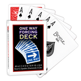 A deck of Bicycle Playing Cards made into a One Way Forcing Deck by Red Dragon Magic. Behind are 6 playing cards which are all Ace of Spades.