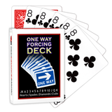 A deck of Bicycle Playing Cards made into a One Way Forcing Deck by Red Dragon Magic. Behind are 6 playing cards which are all Eight of Clubs