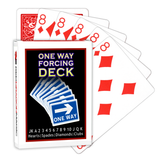 A deck of Bicycle Playing Cards made into a One Way Forcing Deck by Red Dragon Magic. Behind are 6 playing cards which are all Eight of Diamonds.