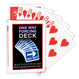 A deck of Bicycle Playing Cards made into a One Way Forcing Deck by Red Dragon Magic. Behind are 6 playing cards which are all Eight of Hearts.