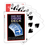 A deck of Bicycle Playing Cards made into a One Way Forcing Deck by Red Dragon Magic. Behind are 6 playing cards which are all Eight of Spades.