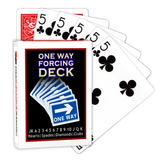 A deck of Bicycle Playing Cards made into a One Way Forcing Deck by Red Dragon Magic. Behind are 6 playing cards which are all Five of Clubs