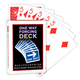 A deck of Bicycle Playing Cards made into a One Way Forcing Deck by Red Dragon Magic. Behind are 6 playing cards which are all Five of Diamonds.