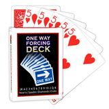A deck of Bicycle Playing Cards made into a One Way Forcing Deck by Red Dragon Magic. Behind are 6 playing cards which are all Five of Hearts.