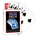 A deck of Bicycle Playing Cards made into a One Way Forcing Deck by Red Dragon Magic. Behind are 6 playing cards which are all Five of Spades.