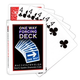 A deck of Bicycle Playing Cards made into a One Way Forcing Deck by Red Dragon Magic. Behind are 6 playing cards which are all Four of Clubs