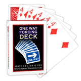 A deck of Bicycle Playing Cards made into a One Way Forcing Deck by Red Dragon Magic. Behind are 6 playing cards which are all Four of Diamonds.