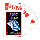 A deck of Bicycle Playing Cards made into a One Way Forcing Deck by Red Dragon Magic. Behind are 6 playing cards which are all Four of Hearts.