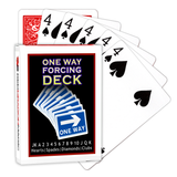 A deck of Bicycle Playing Cards made into a One Way Forcing Deck by Red Dragon Magic. Behind are 6 playing cards which are all Four of Spades.
