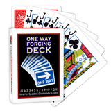 A deck of Bicycle Playing Cards made into a One Way Forcing Deck by Red Dragon Magic. Behind are 6 playing cards which are all Jack of Clubs