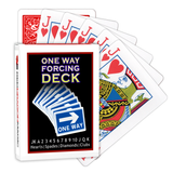 A deck of Bicycle Playing Cards made into a One Way Forcing Deck by Red Dragon Magic. Behind are 6 playing cards which are all Jack of Hearts.
