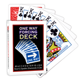 A deck of Bicycle Playing Cards made into a One Way Forcing Deck by Red Dragon Magic. Behind are 6 playing cards which are all King of Clubs