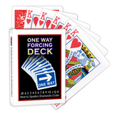 A deck of Bicycle Playing Cards made into a One Way Forcing Deck by Red Dragon Magic. Behind are 6 playing cards which are all King of Hearts.