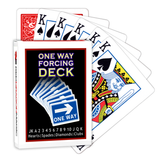 A deck of Bicycle Playing Cards made into a One Way Forcing Deck by Red Dragon Magic. Behind are 6 playing cards which are all King of Spades.