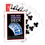 A deck of Bicycle Playing Cards made into a One Way Forcing Deck by Red Dragon Magic. Behind are 6 playing cards which are all Nine of Clubs