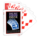 A deck of Bicycle Playing Cards made into a One Way Forcing Deck by Red Dragon Magic. Behind are 6 playing cards which are all Nine of Diamonds.