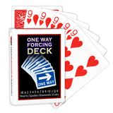 A deck of Bicycle Playing Cards made into a One Way Forcing Deck by Red Dragon Magic. Behind are 6 playing cards which are all Nine of Hearts.