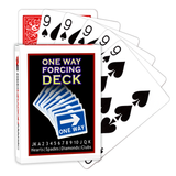 A deck of Bicycle Playing Cards made into a One Way Forcing Deck by Red Dragon Magic. Behind are 6 playing cards which are all Nine of Spades.