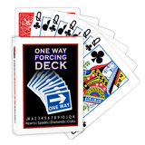 A deck of Bicycle Playing Cards made into a One Way Forcing Deck by Red Dragon Magic. Behind are 6 playing cards which are all Queen of Clubs