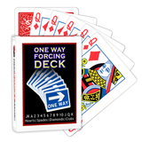 A deck of Bicycle Playing Cards made into a One Way Forcing Deck by Red Dragon Magic. Behind are 6 playing cards which are all Queen of Diamonds.