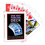 A deck of Bicycle Playing Cards made into a One Way Forcing Deck by Red Dragon Magic. Behind are 6 playing cards which are all Queen of Hearts.