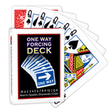 A deck of Bicycle Playing Cards made into a One Way Forcing Deck by Red Dragon Magic. Behind are 6 playing cards which are all Queen of Spades.
