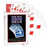 A deck of Bicycle Playing Cards made into a One Way Forcing Deck by Red Dragon Magic. Behind are 6 playing cards which are all Seven of Diamonds.