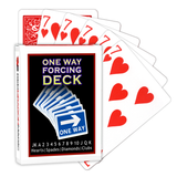 A deck of Bicycle Playing Cards made into a One Way Forcing Deck by Red Dragon Magic. Behind are 6 playing cards which are all Seven of Hearts.