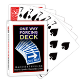 A deck of Bicycle Playing Cards made into a One Way Forcing Deck by Red Dragon Magic. Behind are 6 playing cards which are all Seven of Spades.