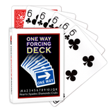 A deck of Bicycle Playing Cards made into a One Way Forcing Deck by Red Dragon Magic. Behind are 6 playing cards which are all Six of Clubs