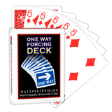 A deck of Bicycle Playing Cards made into a One Way Forcing Deck by Red Dragon Magic. Behind are 6 playing cards which are all Six of Diamonds.