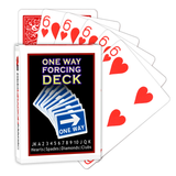 A deck of Bicycle Playing Cards made into a One Way Forcing Deck by Red Dragon Magic. Behind are 6 playing cards which are all Six of Hearts.
